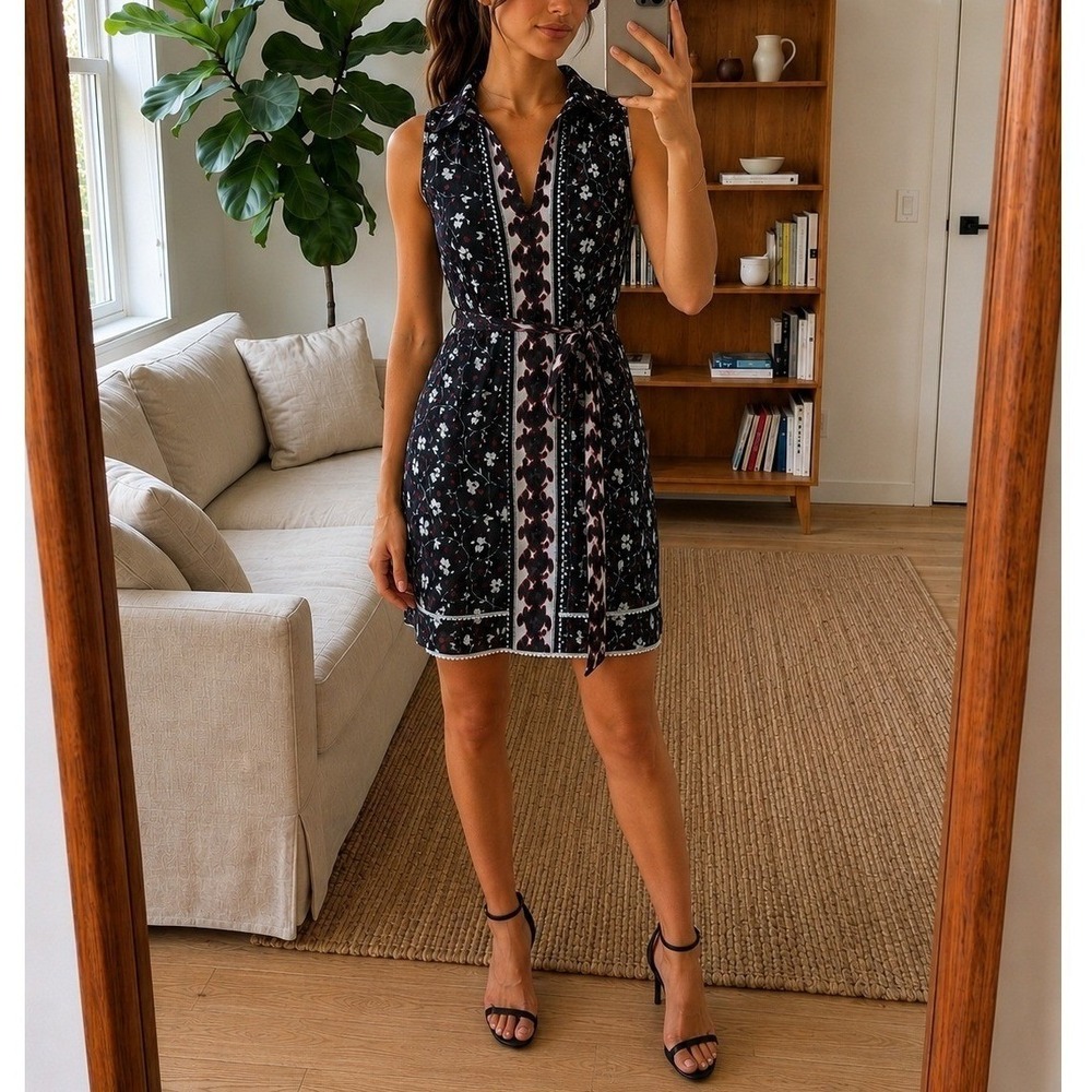 Poupette St Barth Womens Floral Mini‎ Dress XS Black Collared Resort Boho Beach